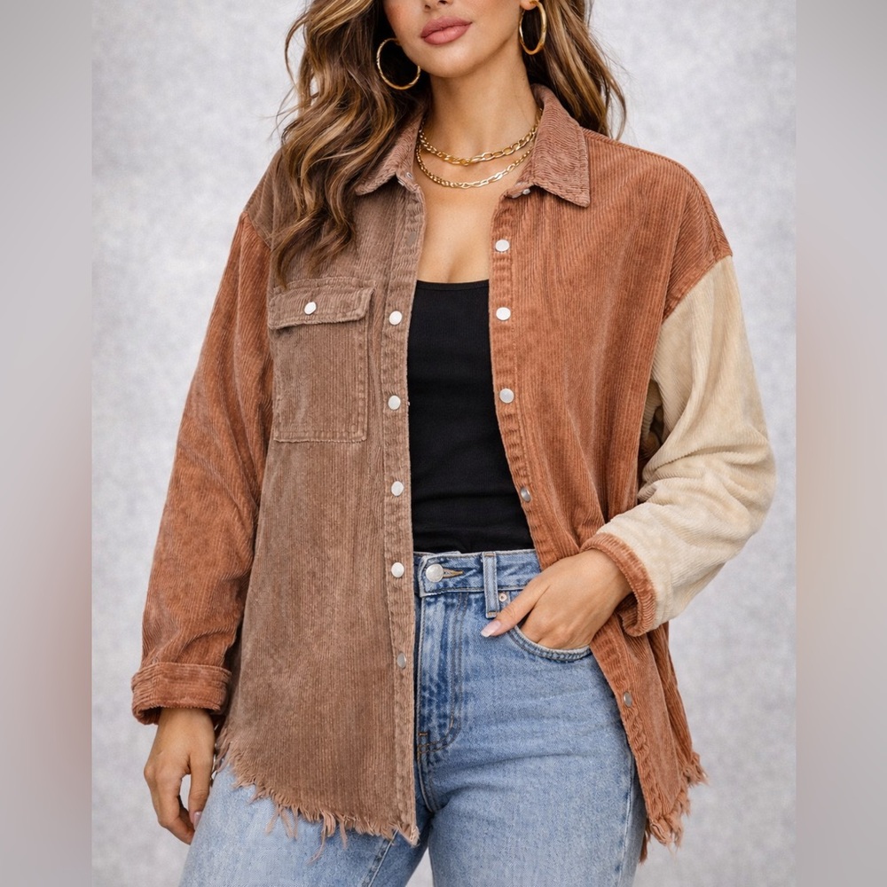 VICI Womens Colorblock Corduroy Shacket Jacket Medium Raw Hem Oversized